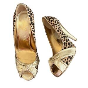 Dolce & Gabbana Women’s Vintage Peep Toe Gold Bow Leopard Print Pump Heels Sz 40